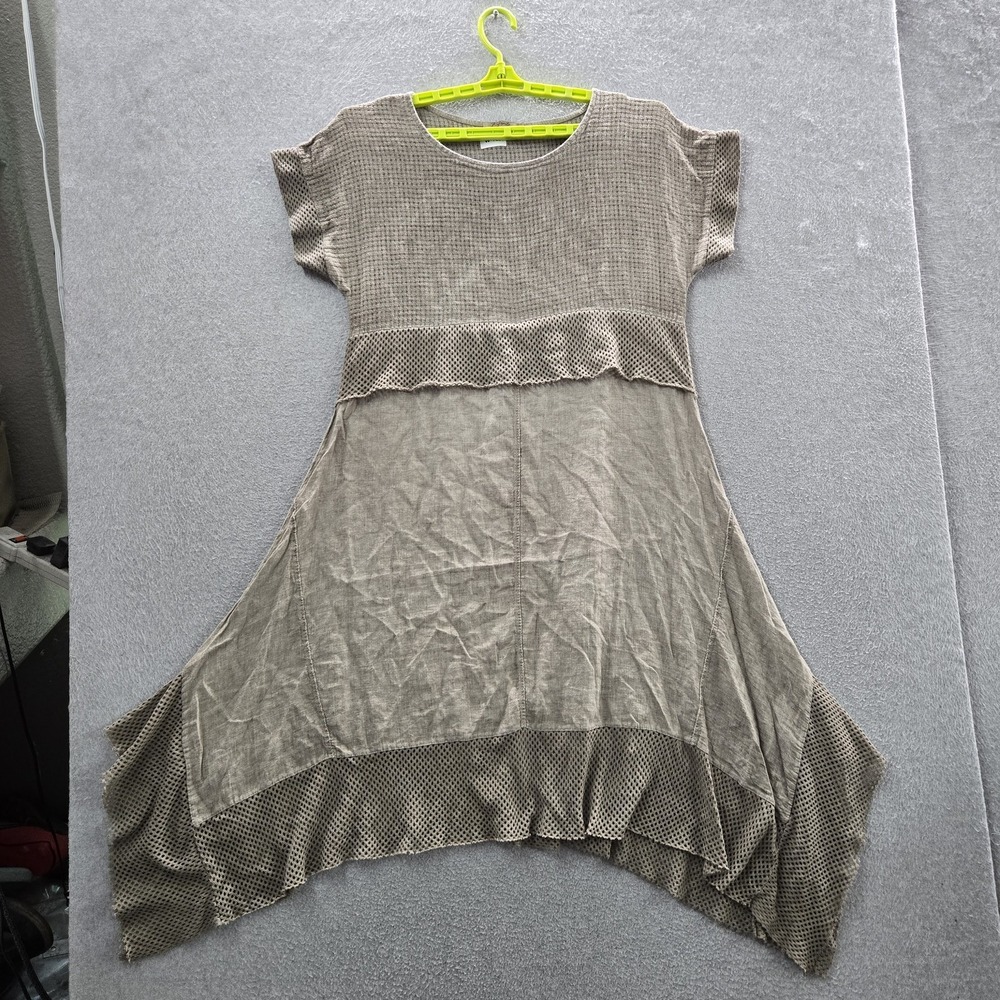 7 Gusto Women‎ Dress L Brown Cotton Linen Made In Italy Asymmetric Short Sleeve